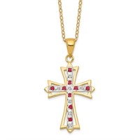 Sterling Silver 18 Kt Diamond Ruby Cross Necklace