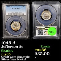 PCGS 1945-d Jefferson Nickel 5c Graded ms65 By PCG