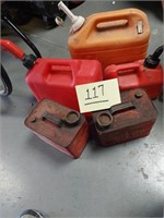 Three plastic and two metal gas cans