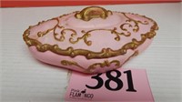PINK LIDDED DISH 8 IN, REPAIRED LID