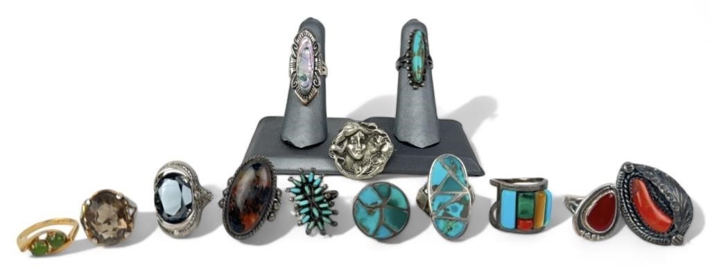 (13pc) Silver Rings Incl. Turquoise & Brooch