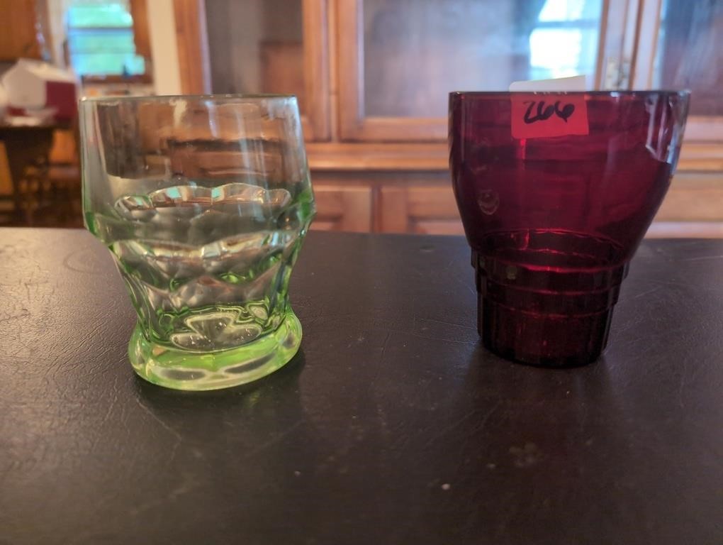 Green depression glass and ruby red tumblers 2