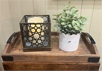 Wood Tray w/ Luminere Candle & Faux Plant