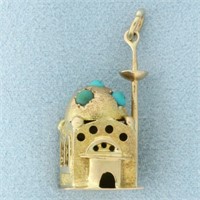 Turquoise Mosque Charm in 14k Yellow Gold