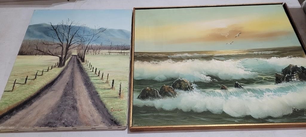 2 oil paintings, road, ocean