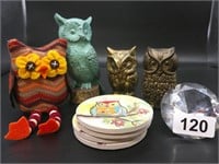 Owl lot - 2 brass, 1 resin, 1 fabric & 4 coasters