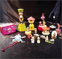 Vintage wooden toys and figurines, some made in