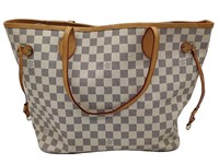 Navy Blue & White Checkered Leather Tote Bag