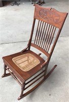 Old Ornate Wood Rocking Chair with Cane Seat