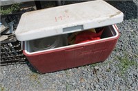 ICE COOLER FULL OF VINTAGE GLASS LIGHT COVERS ETC.