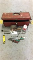 Vintage red toolbox + miscellaneous tools