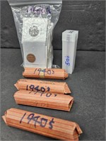 4 ROLLS OF 1940'S PENNIES & BAG W/ ROLL OF 1950'S