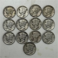 (13) MERCURY SILVER DIMES  COINS