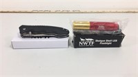 Nwtf knife and shotgun shell flashlight, both in