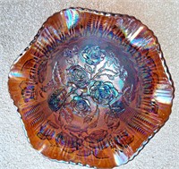 BEAUTIFUL CARNIVAL GLASS FOOTED SERVING BOWL 10"