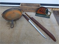 CAST FRY PAN, CHEESE BOX, EGG SCALE, CARVING KNIFE