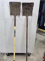 Two flat shovels one with fiberglass handle other