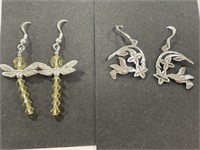 2x 925 Silver Dangle Earrings; Hummingbird &