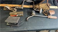 Hand drill, riveter, saw blades, planer, hoe head