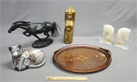 Decorative Lot: Horses, Pottery Cat, Inlaid Tray..