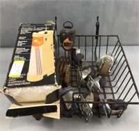Metal wall basket, tools, swivel casters,