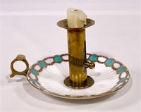 Brass & porcelain saucer candlestick, candle slide