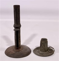 Tin hog scraper candlestick, 3.5" base, 6"T / Tin