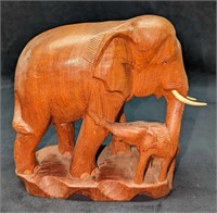 Vintage Teak Wood Carved Elephant With Baby Figuri