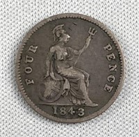 1843 Great Britain Silver 4 Pence, Scarce