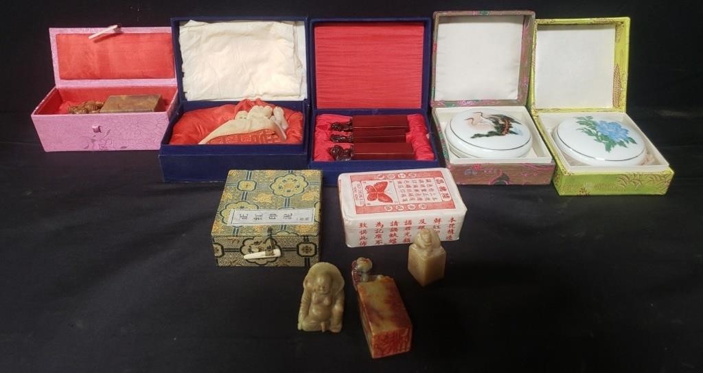 Group of Asian stamps with ink, box lot