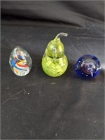 3 Blown Glass Paper Weights - Spiral Egg, Pear,