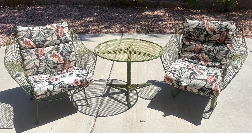 D - PAIR OF PATIO CHAIRS, CUSHIONS & SMALL TABLE