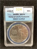 1986 Statue of Liberty silver dollar, ANACS MS70