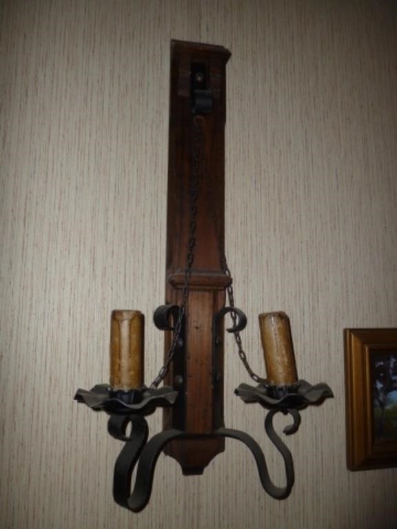 Pair of Wrought Iron & Wood Candle Wall Sconces