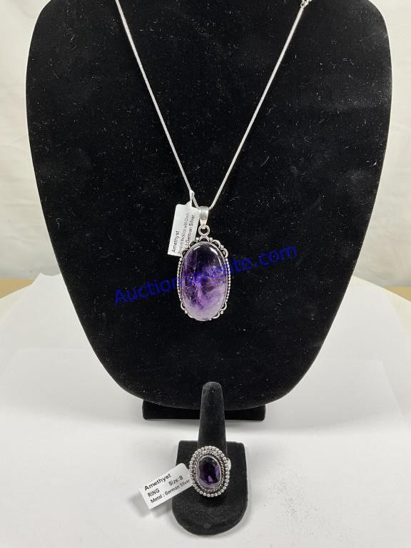 Amethyst necklace ring size 8 German silver