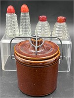 Vintage red cap salt & pepper shakers & crock