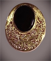 LARGE ELEGANT VTG GOLD BLACK GLASS ENAMEL BROOCH