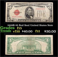 1928B $5 Red Seal United States Note Grades f+