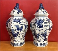 Pair Chinoiserie Foo Dog Motif Lidded Vases