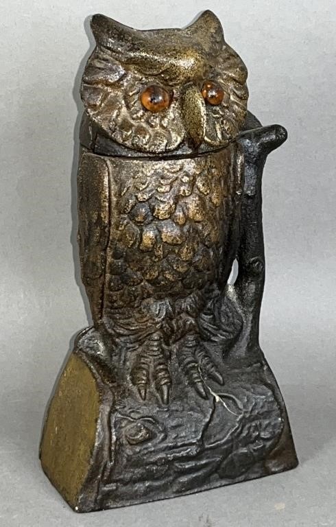 Cast iron mechanical owl bank ca. 1950-1970;