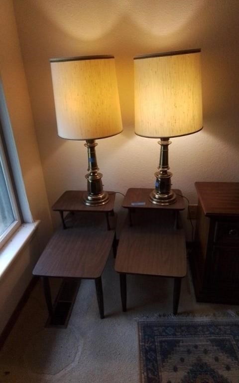 Pair vintage side tables & brass lamps