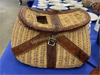 VINTAGE WICKER AND LEATHER FISHING CREEL