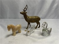 VINTAGE ANIMAL FIGURES BRASS DEER, GLASS SWAN