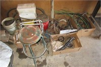 Garage items including bar stool, tubing, parts,