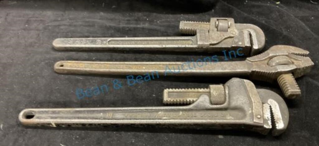 Three large vintage pipe wrenches