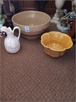 Early large crock bowl, pottery pitcher, etc.