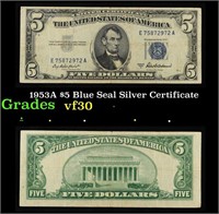 1953A $5 Blue Seal Silver Certificate Grades vf++