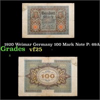 1920 Weimar Germany 100 Mark Note P: 69A Grades vf