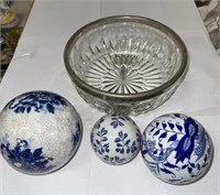 GLASS BOWL WITH BLUE & WHITE BALLS
