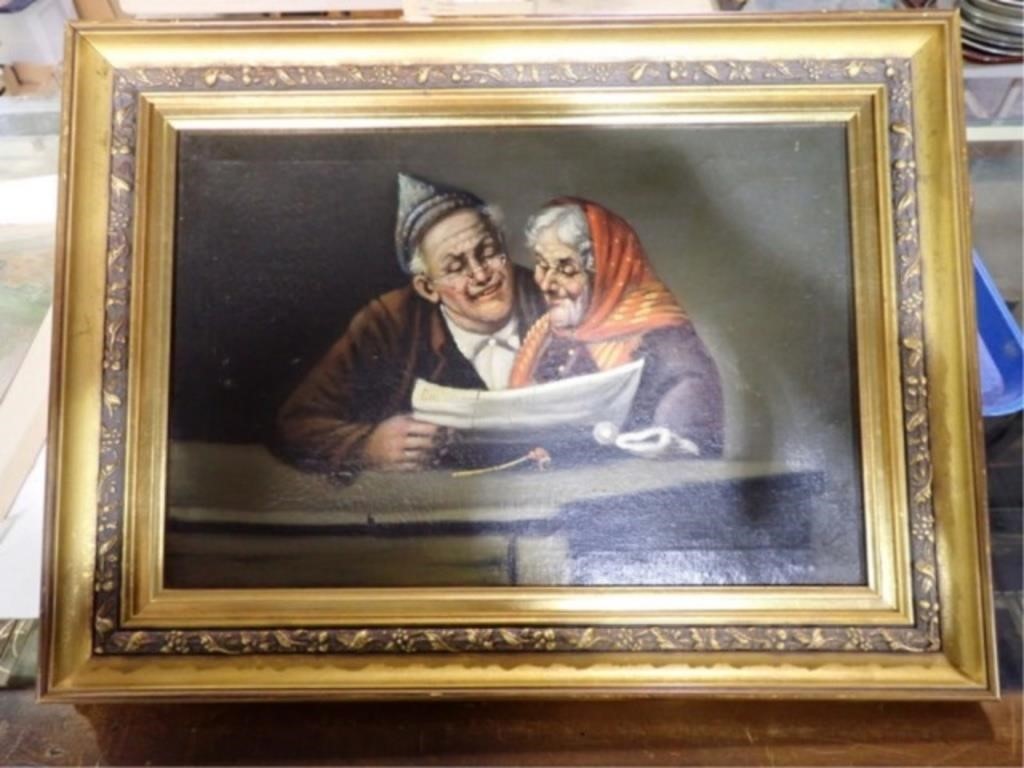 SIGNED O/C OLD COUPLE IN GILT FRAME 19x14